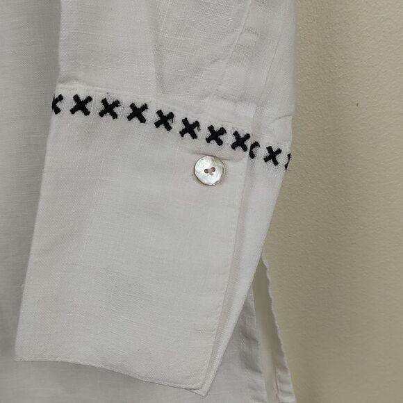 Richard Malcolm Irish Linen Long Sleeve Button Front Blouse Top Black Embroidery - Picture 12 of 14